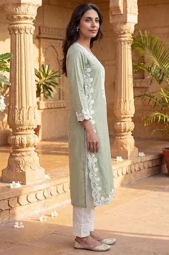 Women’s green solid embroidered regular kurta | stylish ethnic wear kurti for women | trendy casual & festive wear