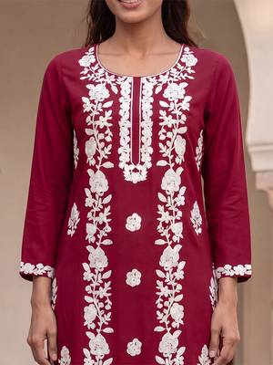 Women’s red solid embroidered regular kurta | stylish ethnic wear kurti for women | trendy casual & festive wear 3