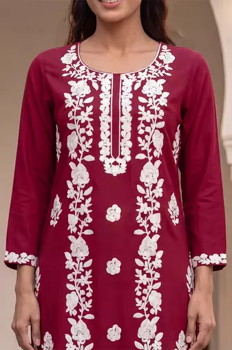 Women’s red solid embroidered regular kurta | stylish ethnic wear kurti for women | trendy casual & festive wear
