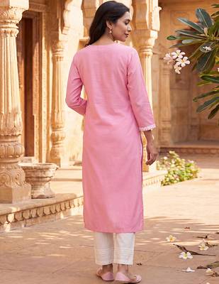 Women’s pink solid embroidered regular kurta | stylish ethnic wear kurti for women | trendy casual & festive wear 2