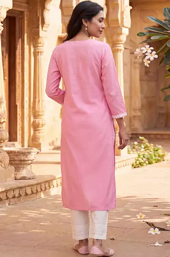 Women’s pink solid embroidered regular kurta | stylish ethnic wear kurti for women | trendy casual & festive wear
