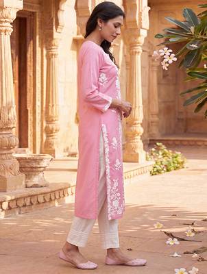 Women’s pink solid embroidered regular kurta | stylish ethnic wear kurti for women | trendy casual & festive wear 3
