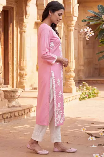 Women’s pink solid embroidered regular kurta | stylish ethnic wear kurti for women | trendy casual & festive wear