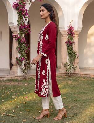 Women’s red solid embroidered regular kurta | stylish ethnic wear kurti for women | trendy casual & festive wear 4