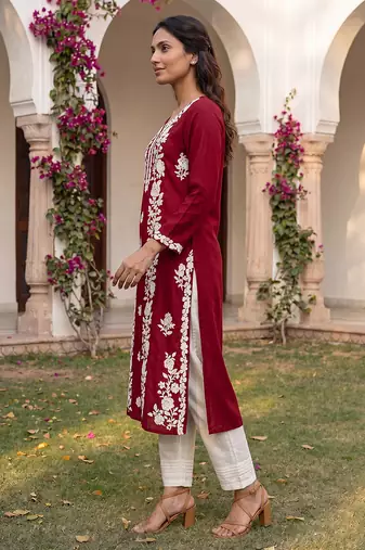 Women’s red solid embroidered regular kurta | stylish ethnic wear kurti for women | trendy casual & festive wear