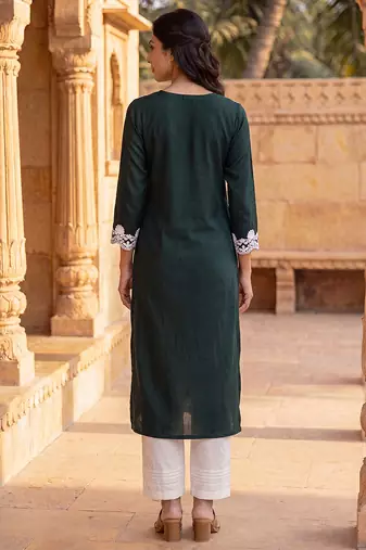 Women’s green solid embroidered regular kurta | stylish ethnic wear kurti for women | trendy casual & festive wear