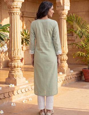 Women’s green solid embroidered regular kurta | stylish ethnic wear kurti for women | trendy casual & festive wear 4