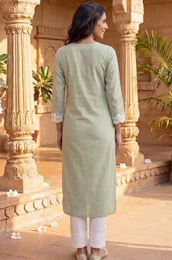 Women’s green solid embroidered regular kurta | stylish ethnic wear kurti for women | trendy casual & festive wear