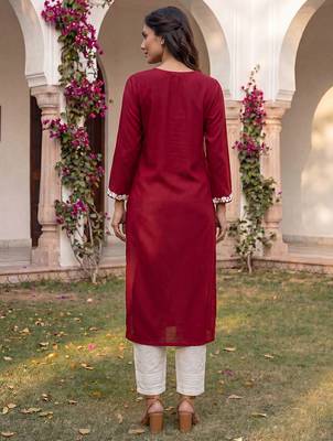 Women’s red solid embroidered regular kurta | stylish ethnic wear kurti for women | trendy casual & festive wear 5