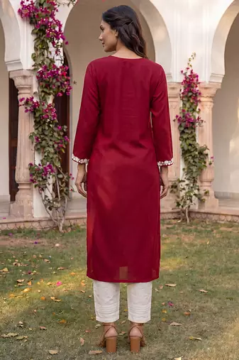 Women’s red solid embroidered regular kurta | stylish ethnic wear kurti for women | trendy casual & festive wear