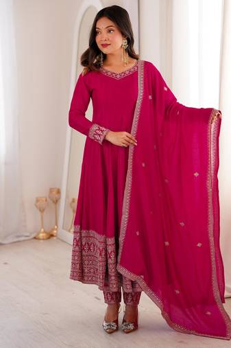 Women's Gorgeous Embroidery Work Vichitra Silk Fabric Flared Anarkali Pant and Dupatta Set