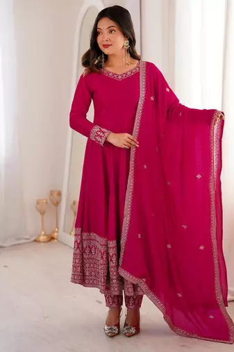 Women's Gorgeous Embroidery Work Vichitra Silk Fabric Flared Anarkali Pant and Dupatta Set