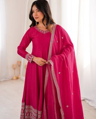Women's Gorgeous Embroidery Work Vichitra Silk Fabric Flared Anarkali Pant and Dupatta Set 2