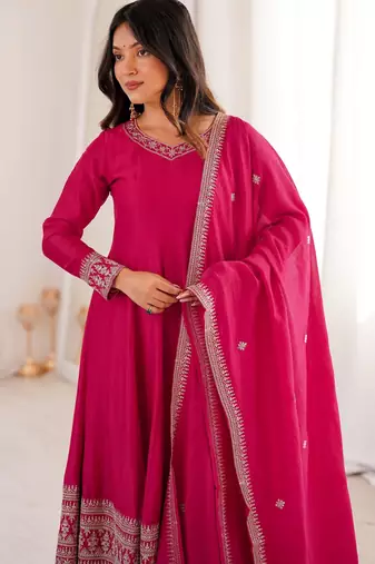 Women's Gorgeous Embroidery Work Vichitra Silk Fabric Flared Anarkali Pant and Dupatta Set