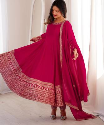 Women's Gorgeous Embroidery Work Vichitra Silk Fabric Flared Anarkali Pant and Dupatta Set 3
