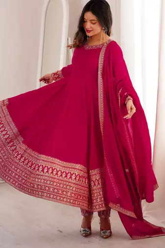 Women's Gorgeous Embroidery Work Vichitra Silk Fabric Flared Anarkali Pant and Dupatta Set