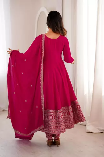 Women's Gorgeous Embroidery Work Vichitra Silk Fabric Flared Anarkali Pant and Dupatta Set
