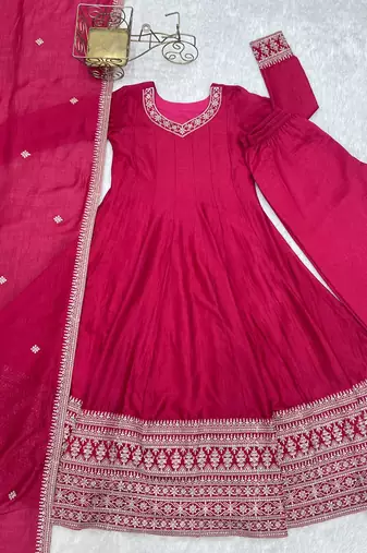 Women's Gorgeous Embroidery Work Vichitra Silk Fabric Flared Anarkali Pant and Dupatta Set