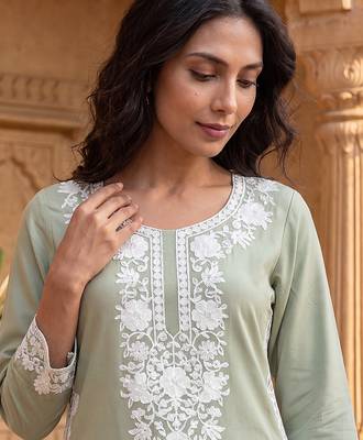 Women’s green solid embroidered regular kurta | stylish ethnic wear kurti for women | trendy casual & festive wear 5