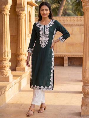 Women’s green solid embroidered regular kurta | stylish ethnic wear kurti for women | trendy casual & festive wear 5