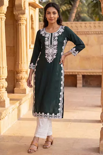 Women’s green solid embroidered regular kurta | stylish ethnic wear kurti for women | trendy casual & festive wear