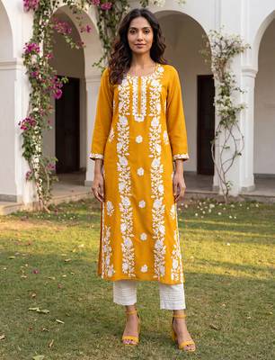 Women’s mustard solid embroidered regular kurta | stylish ethnic wear kurti for women | trendy casual & festive wear 1