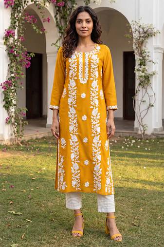 Women’s mustard solid embroidered regular kurta | stylish ethnic wear kurti for women | trendy casual & festive wear