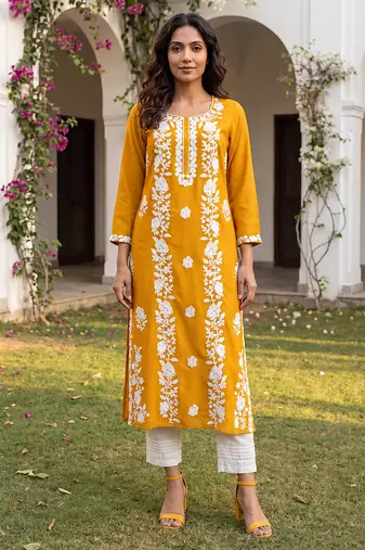 Women’s mustard solid embroidered regular kurta | stylish ethnic wear kurti for women | trendy casual & festive wear