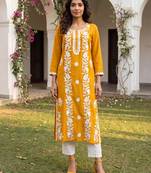 Women’s mustard solid embroidered regular kurta | stylish ethnic wear kurti for women | trendy casual & festive wear