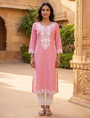 Women’s pink solid embroidered regular kurta | stylish ethnic wear kurti for women | trendy casual & festive wear 1