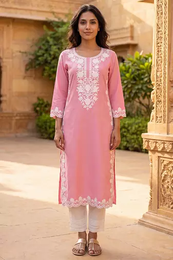 Women’s pink solid embroidered regular kurta | stylish ethnic wear kurti for women | trendy casual & festive wear
