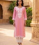 Women’s pink solid embroidered regular kurta | stylish ethnic wear kurti for women | trendy casual & festive wear
