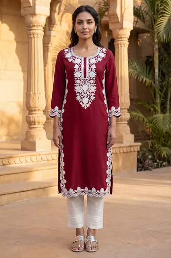 Women’s red solid embroidered regular kurta | stylish ethnic wear kurti for women | trendy casual & festive wear