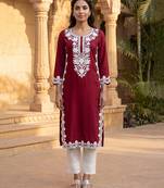 Women’s red solid embroidered regular kurta | stylish ethnic wear kurti for women | trendy casual & festive wear