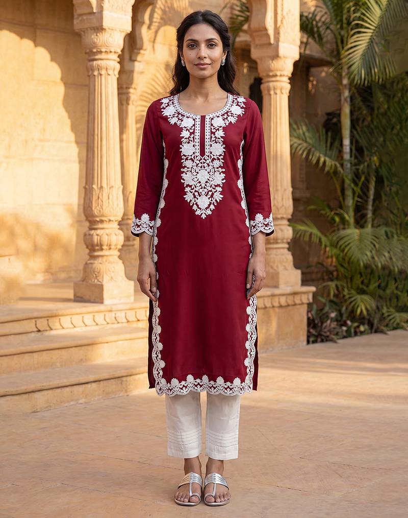 Women’s red solid embroidered regular kurta | stylish ethnic wear kurti for women | trendy casual & festive wear