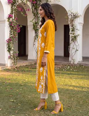Women’s mustard solid embroidered regular kurta | stylish ethnic wear kurti for women | trendy casual & festive wear 2