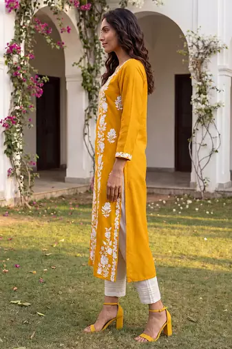 Women’s mustard solid embroidered regular kurta | stylish ethnic wear kurti for women | trendy casual & festive wear