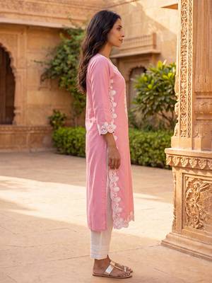 Women’s pink solid embroidered regular kurta | stylish ethnic wear kurti for women | trendy casual & festive wear 2