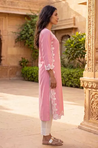 Women’s pink solid embroidered regular kurta | stylish ethnic wear kurti for women | trendy casual & festive wear