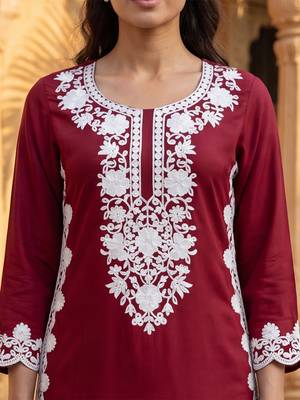 Women’s red solid embroidered regular kurta | stylish ethnic wear kurti for women | trendy casual & festive wear 2