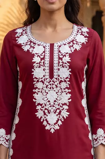 Women’s red solid embroidered regular kurta | stylish ethnic wear kurti for women | trendy casual & festive wear