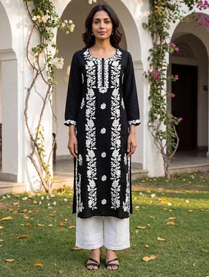 Women’s black solid embroidered regular kurta | stylish ethnic wear kurti for women | trendy casual & festive wear 1
