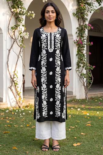 Women’s black solid embroidered regular kurta | stylish ethnic wear kurti for women | trendy casual & festive wear