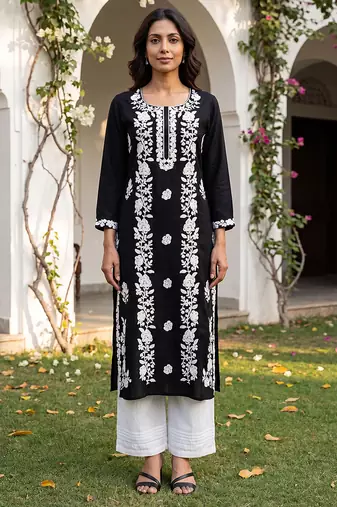 Women’s black solid embroidered regular kurta | stylish ethnic wear kurti for women | trendy casual & festive wear