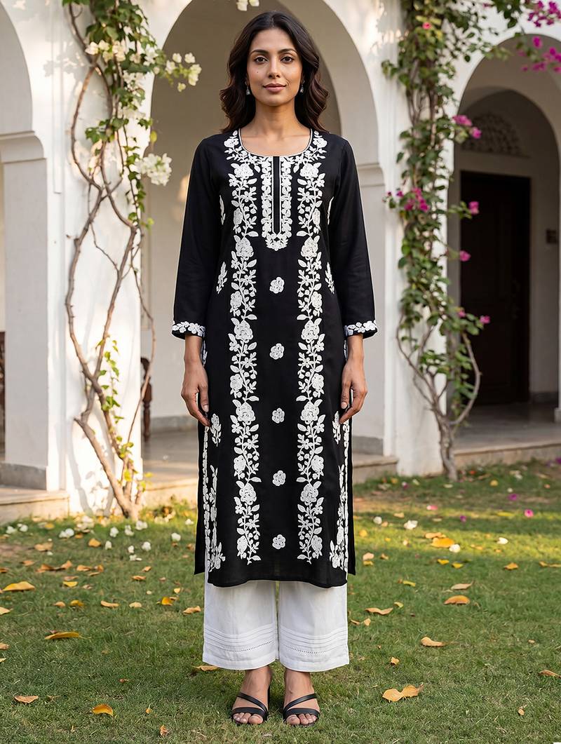 Women’s black solid embroidered regular kurta | stylish ethnic wear kurti for women | trendy casual & festive wear