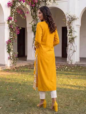 Women’s mustard solid embroidered regular kurta | stylish ethnic wear kurti for women | trendy casual & festive wear 3