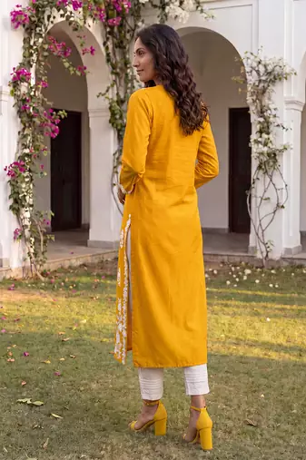Women’s mustard solid embroidered regular kurta | stylish ethnic wear kurti for women | trendy casual & festive wear