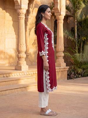 Women’s red solid embroidered regular kurta | stylish ethnic wear kurti for women | trendy casual & festive wear 3