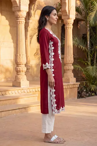 Women’s red solid embroidered regular kurta | stylish ethnic wear kurti for women | trendy casual & festive wear