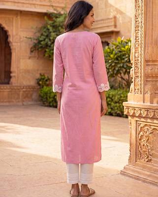 Women’s pink solid embroidered regular kurta | stylish ethnic wear kurti for women | trendy casual & festive wear 3